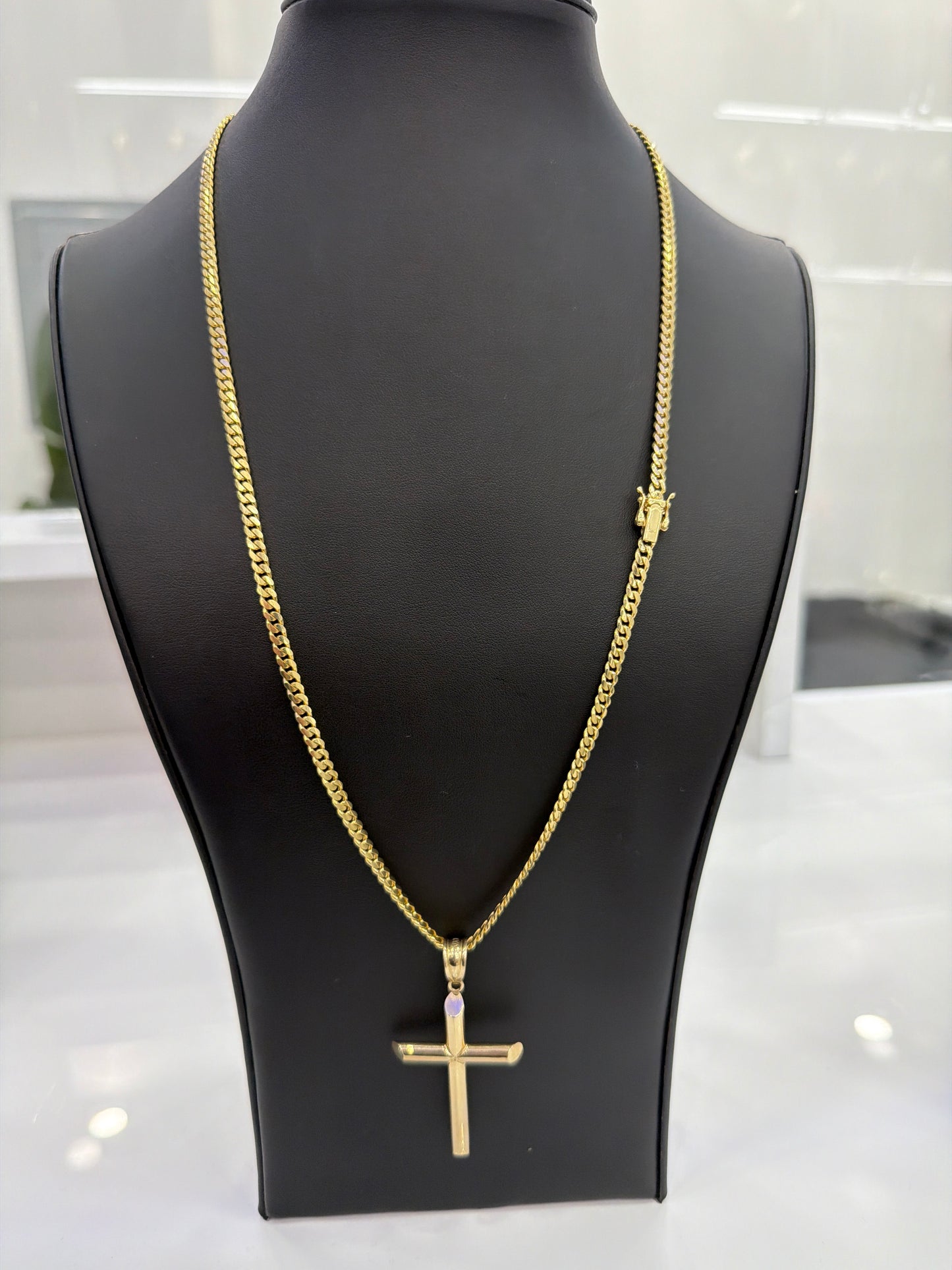 Solid Cuban Chain 10k 4mm x 24” with 10k Cross Pendant