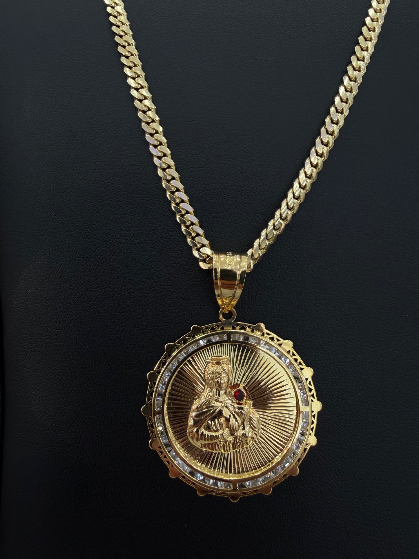 Miami Cuban link 4 mm x 24” (sólid) + Pendant Santa Barbara (hollow) 10k gold