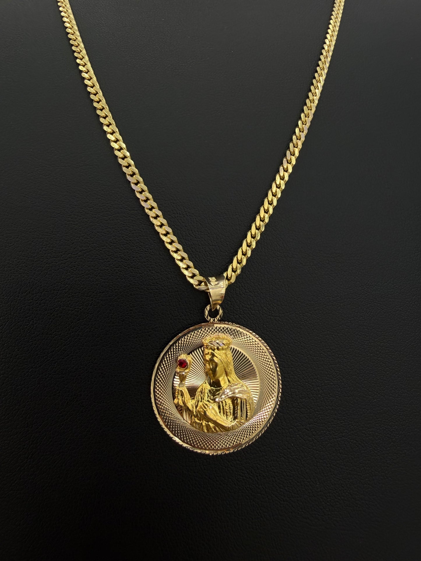 Miami Cuban link 3 mm x 24” + Pendant Santa Barbara (sólid) 10k gold