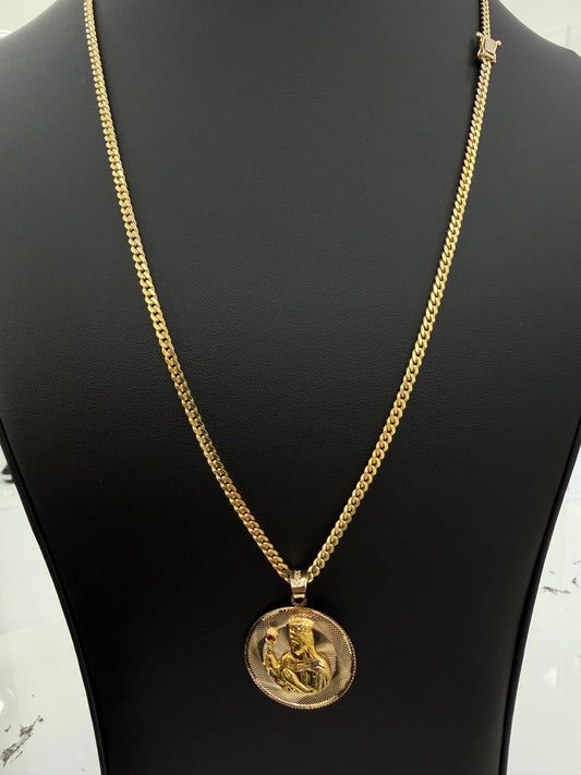 Miami Cuban link 3 mm x 24”  + Pendant Santa Barbara (sólid) 10k gold