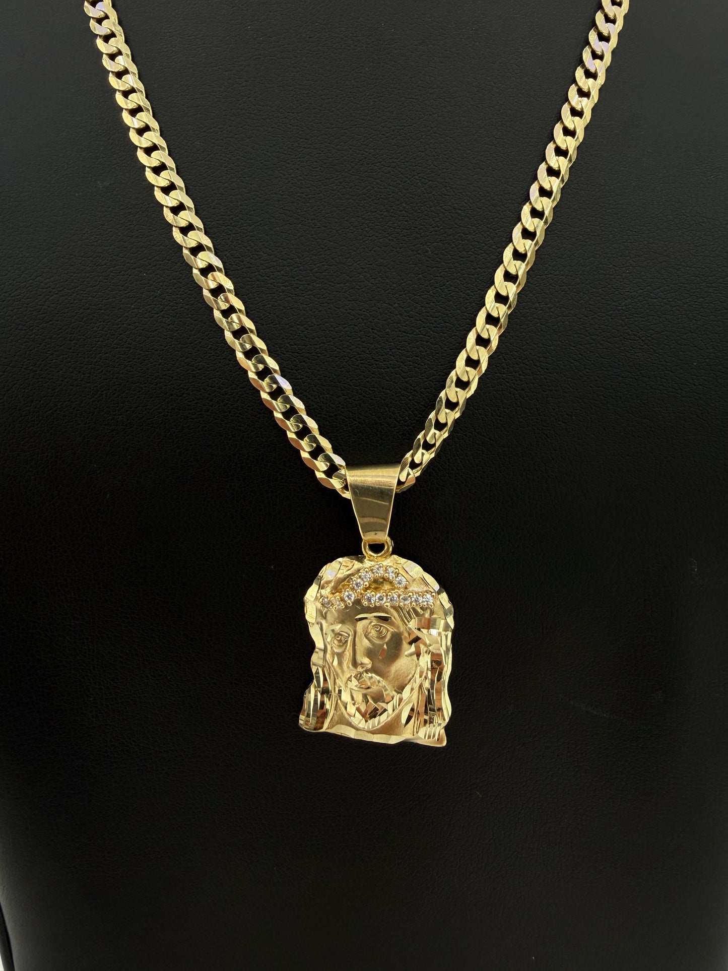 Brilliant-Cut Chain (Solid) + Jesus Face Pendant — 10K Gold