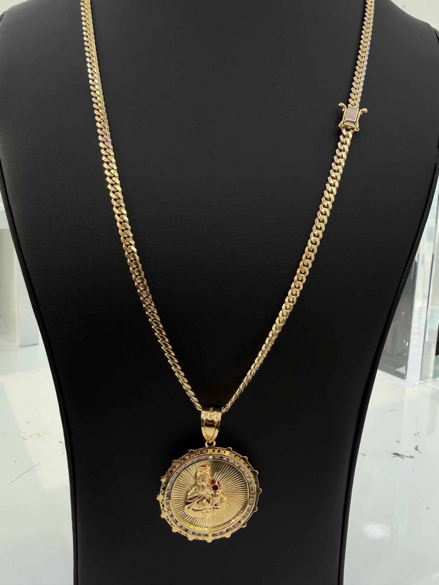 Miami Cuban link 4 mm x 24” (sólid) + Pendant Santa Barbara (hollow) 10k gold