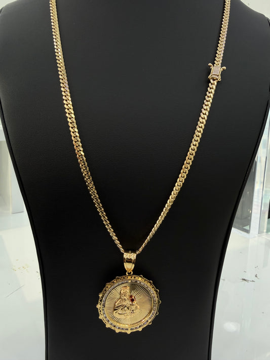 Miami Cuban link 4 mm x 24” (sólid) + Pendant Santa Barbara (hollow) 10k gold