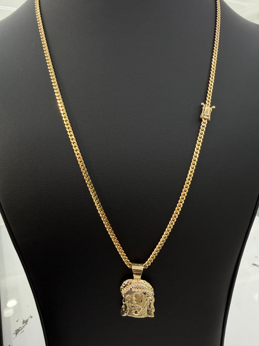 Miami Cuban link 3 mm x 24”  + Pendant Jesus Face (sólid) 10k gold