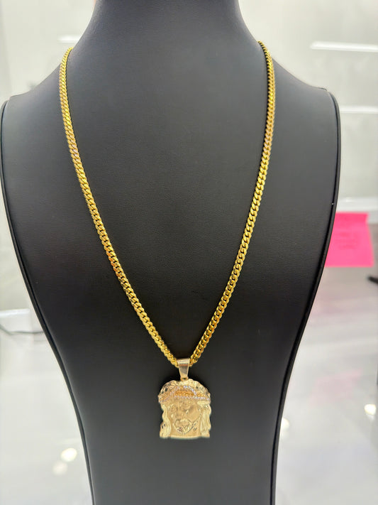 Solid Cuban Chain + Jesus Face Pendant 10k