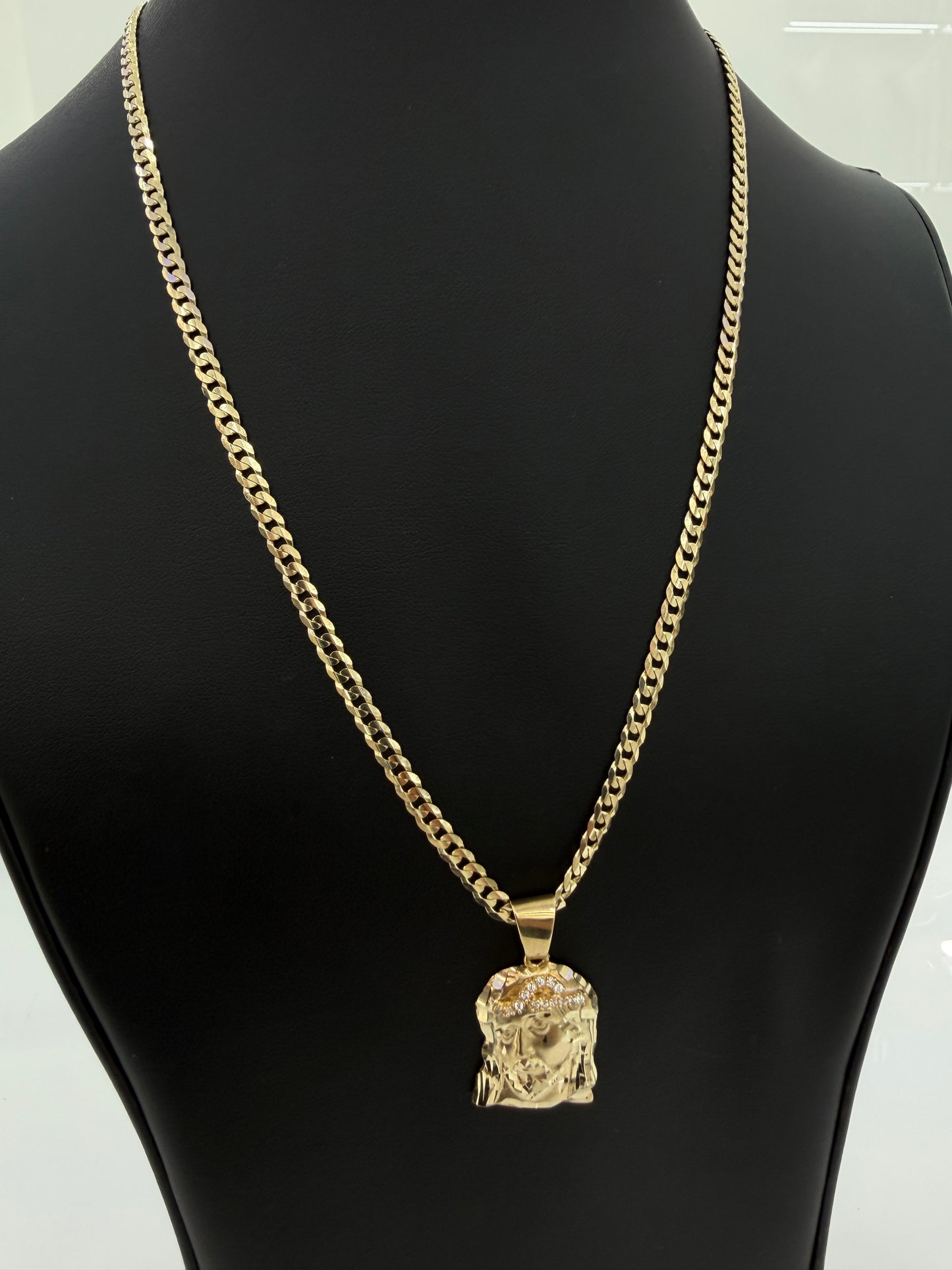 Brilliant-Cut Chain (Solid) + Jesus Face Pendant — 10K Gold