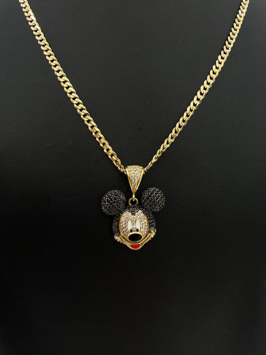 10K Gold Mickey Mouse Pendant + Solid Diamond-Cut Chain