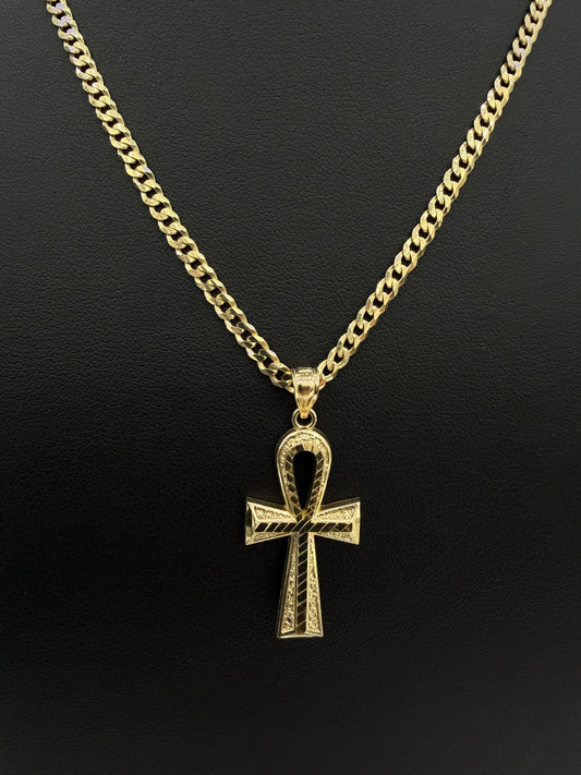 10k Gold Combo:Brilliant Cut Chain + Ankh Cross Pendant