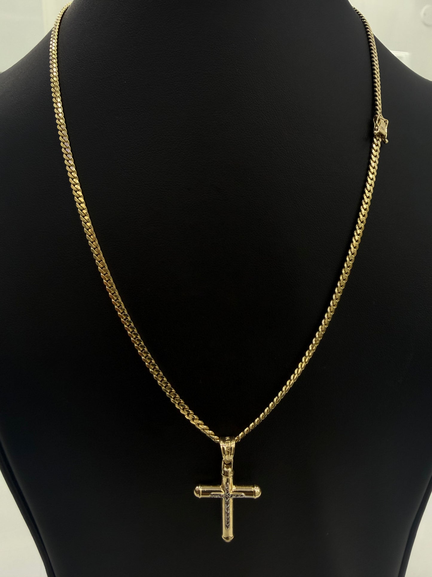 Miami Cuban link chain (solid), 3 mm x 20 inches, 10K gold + Cross pendant